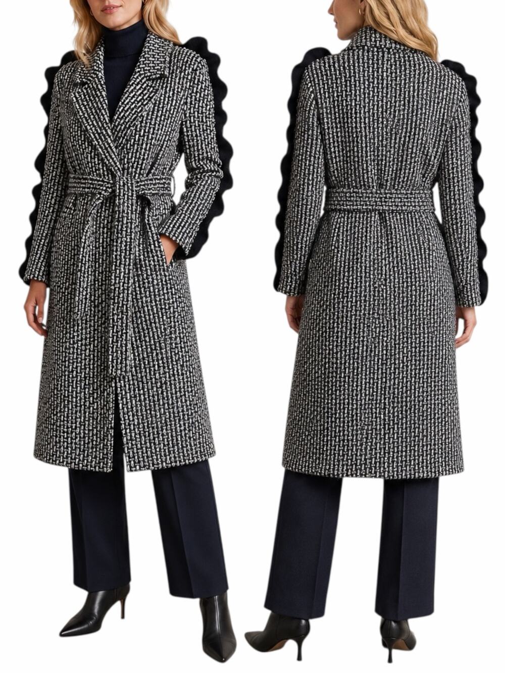 Mother of Pearl Bexley Tweed Ruffle Sleeve Belt Wool Coat Navy Size M